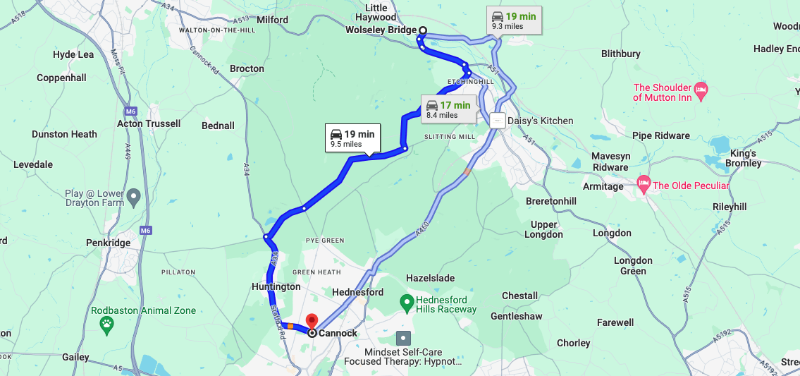 map showing distance cannock stafford