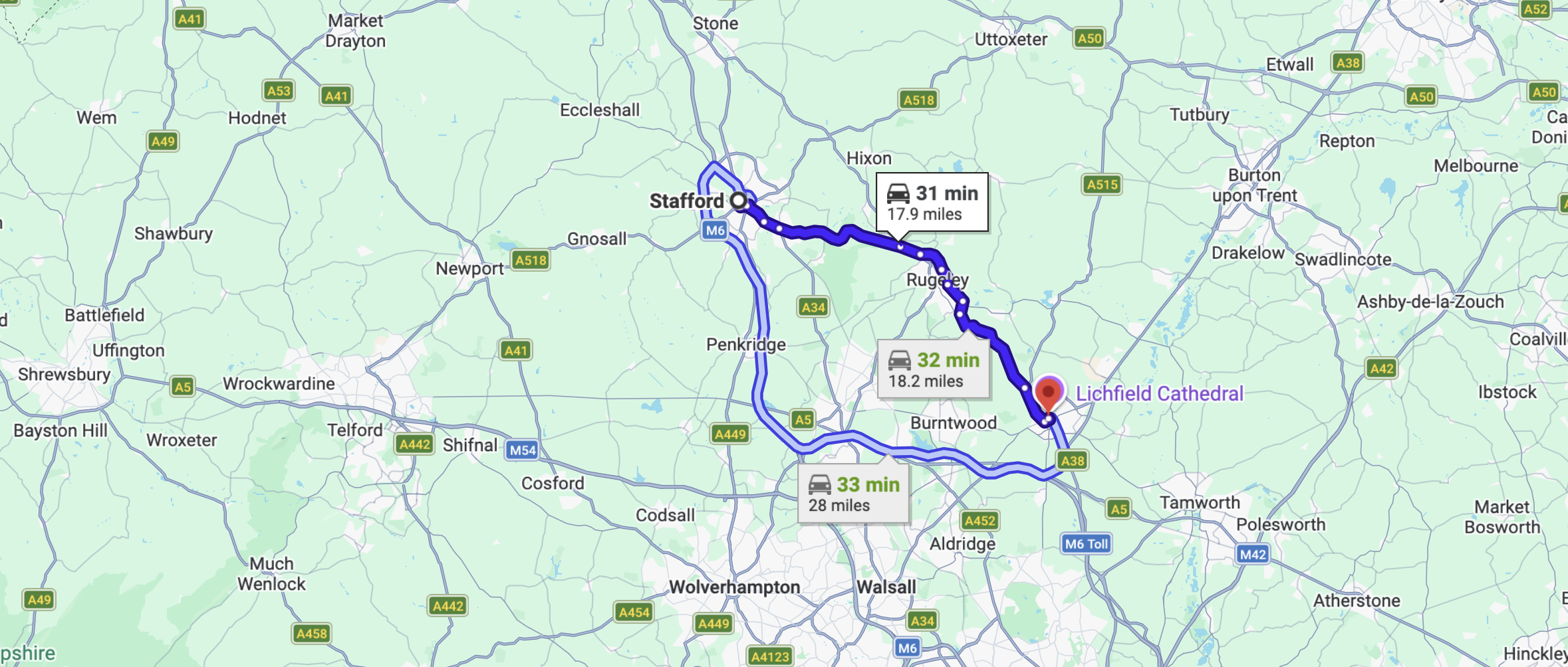 map showing distance lichfield stafford 1