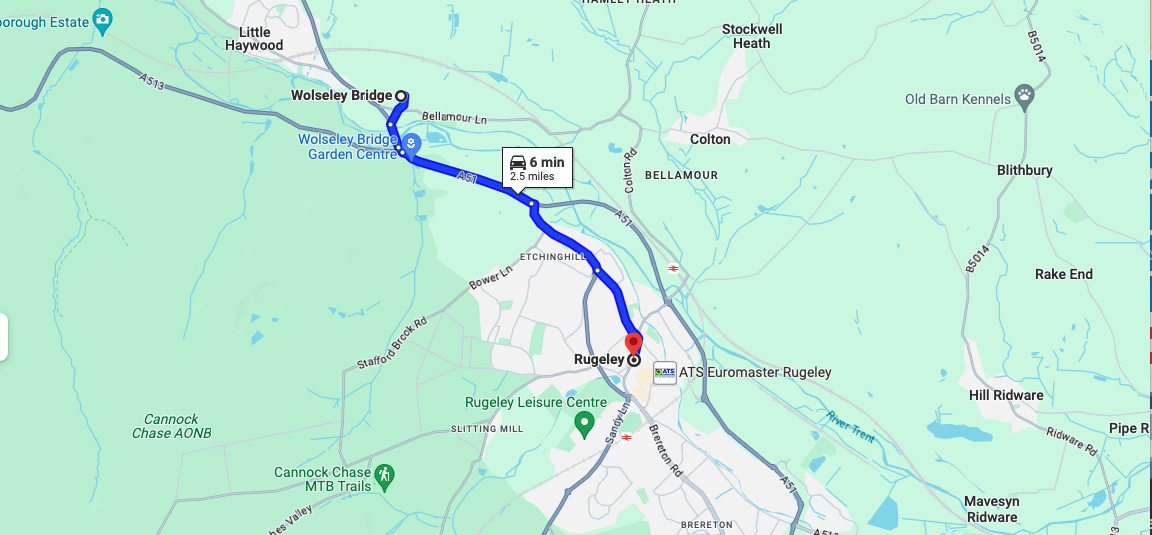 map showing distance rugeley stafford